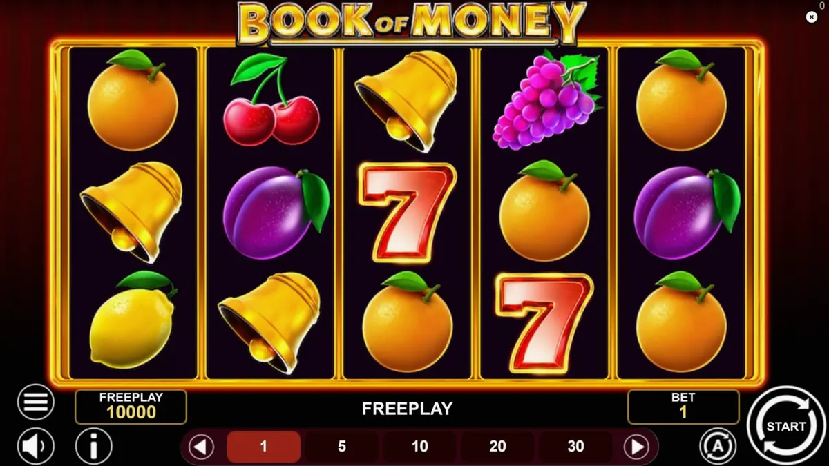 Tampilan visual slot Book of Money dengan simbol buah dan buku kuno