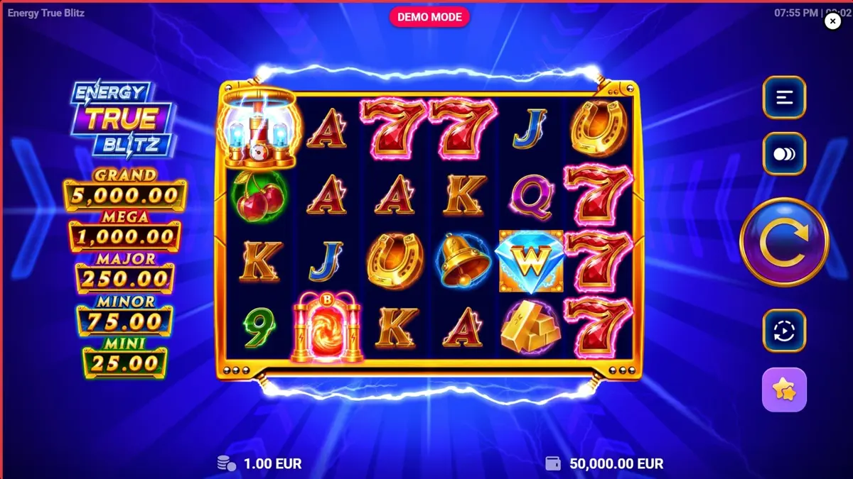 Tampilan visual slot Energy True Blitz yang penuh dengan neon dan energi listrik
