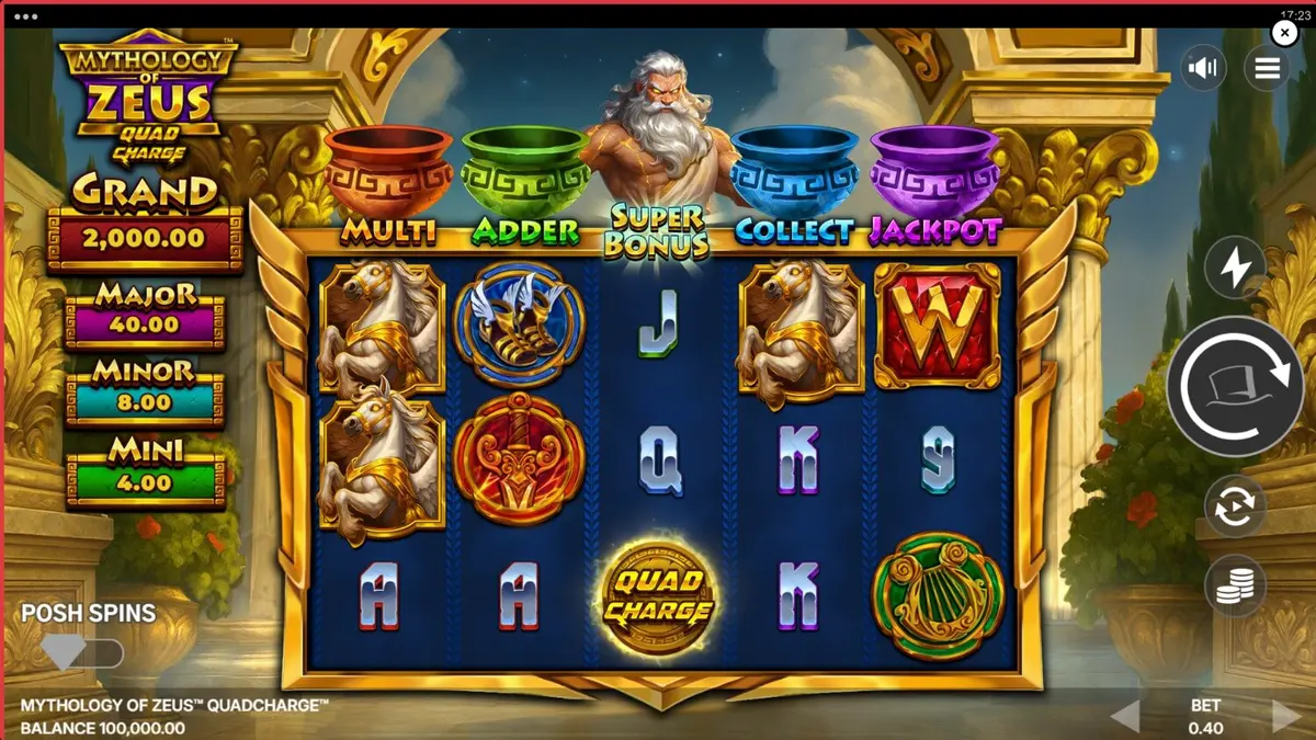 Visual epik Mythology of Zeus QUADCHARGE dengan latar belakang Gunung Olympus dan petir yang menyambar.
