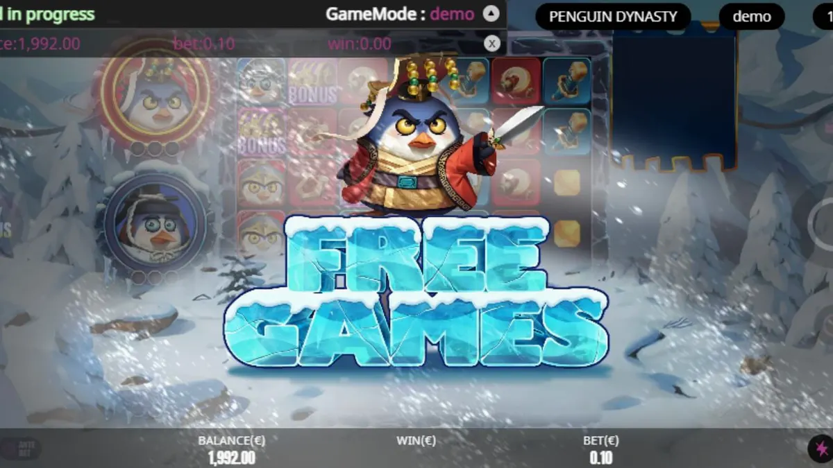 Tampilan visual slot Penguin Dynasty dengan tema penguin dan istana es